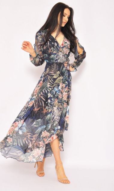 M&M - Zwiewna sukienka maxi w kolorze granatowym z motywem kwiatowym. MODEL:LO-7338 - Rozmiar: 36(S)