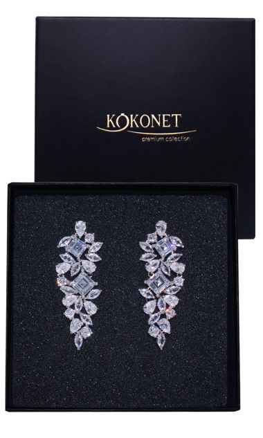 OZDOBNE kolczyki z cyrkoniami srebrne efektowne swarovski w pudełku ślub
