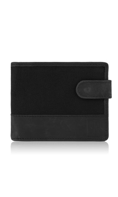 Portfel męski zapinany na napę ze skóry naturalnej i bawełnianego canvasu czarny vintage T-03-BL