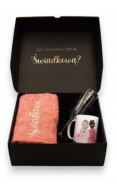 Pudełko BOX czy zostaniesz Świadkową KUBEK Ręcznik haft szampan ślub prezen
