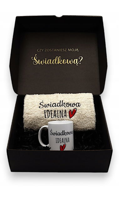 Pudełko BOX czy zostaniesz Świadkową KUBEK Ręcznik haftowany ślub prezent