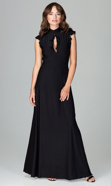 Sukienka maxi z ozdobnym wycięciem na dekolcie czarna