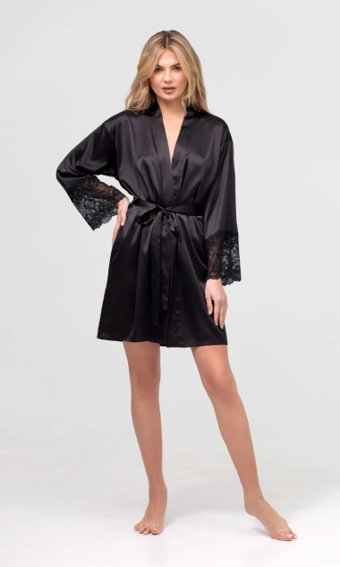 Satynowy czarny szlafrok damski BRIDAL BLACK