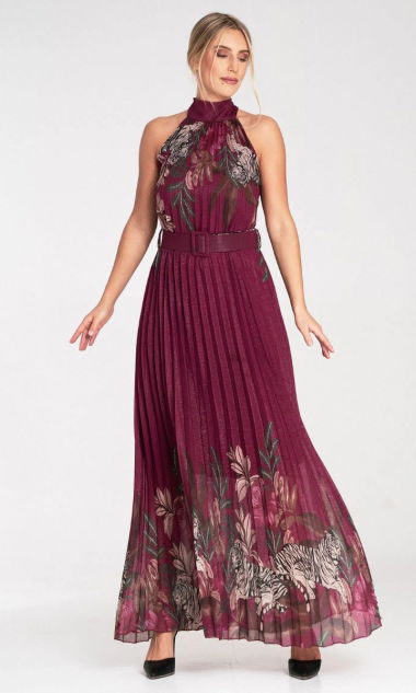 Plisowana sukienka maxi elegancka bordowa sukienka M1091 rozmiar Uniwersalny