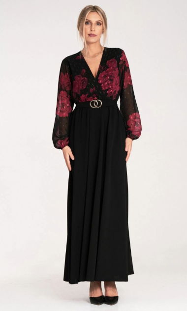 Czarna sukienka w czerwone kwiaty Elegancka sukienka maxi M1092 rozmiar S M