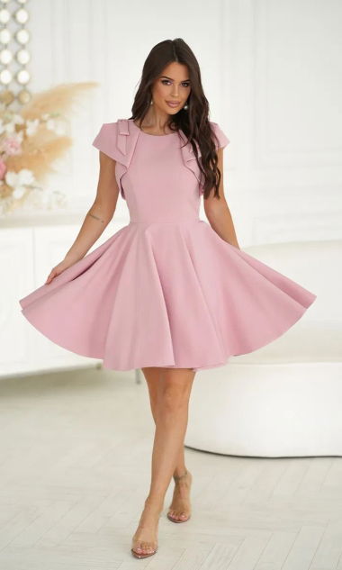 Elegancka Sukienka z Falbanami Mini 329-20 Brudny Róż 34