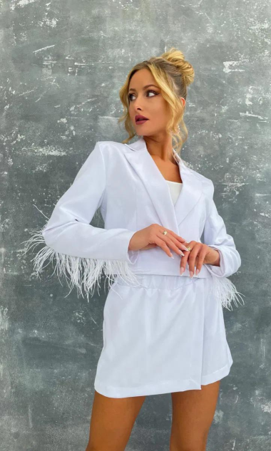 Krótka marynarka z piórami - White Shimmer XS/S
