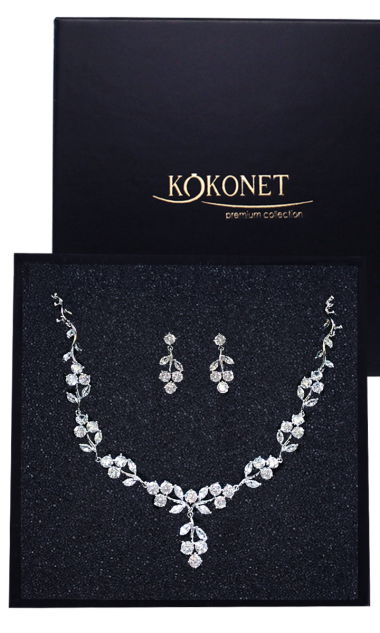 zestaw ślubny SREBRNY swarovski BOHO kwiaty listki