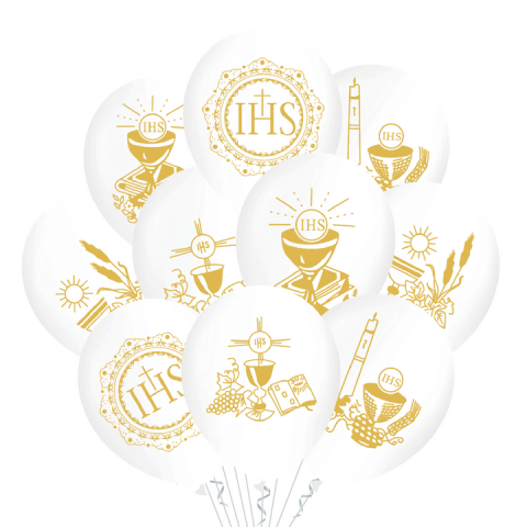 Balony lateksowe Komunia Święta IHS białe kielich 30 cm 10 szt.