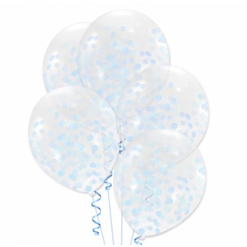 Balony przezroczyste z niebieskim konfetti, 5 szt.