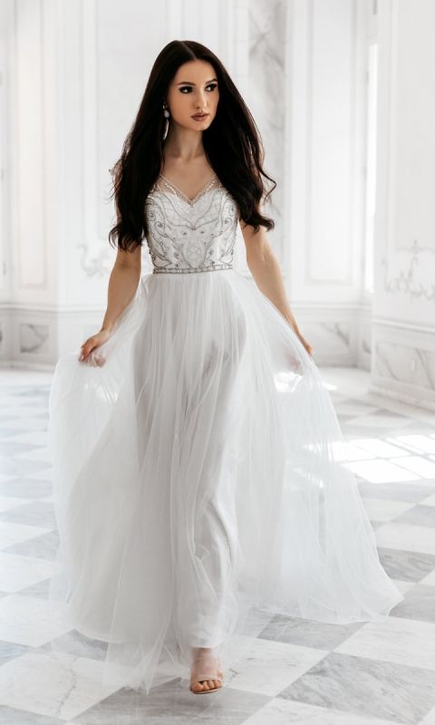 M&M - Biała sukienka ślubna z błyszczącą górą. Model: PW-6601 - Rozmiar: 34(XS)