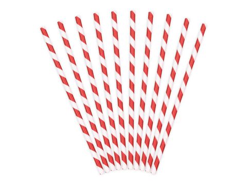 Słomki papierowe czerwono białe paski, 19,5 cm
