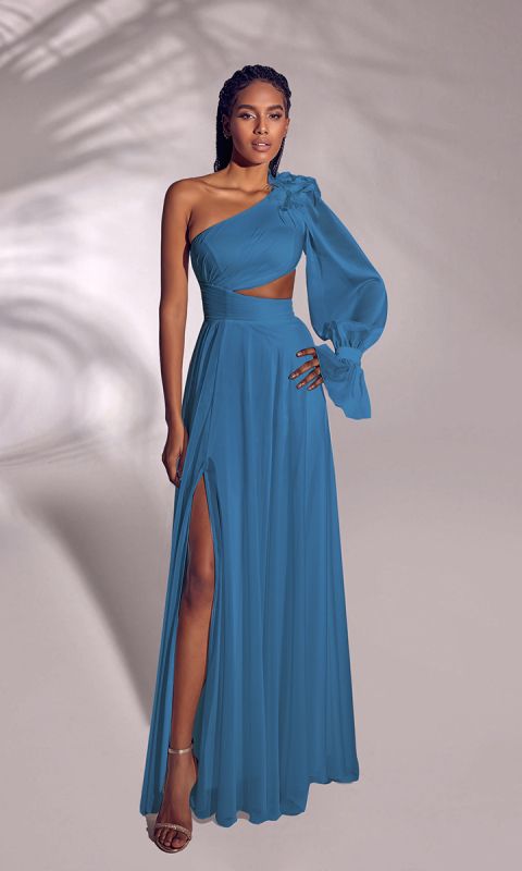 Suknia wieczorowa z ozdobnym rękawem - niebieska _XS