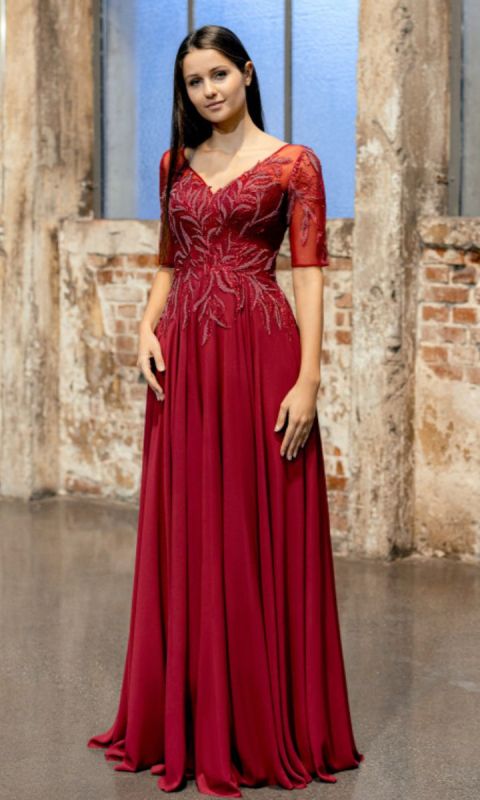 Szyfonowa suknia wieczorowa z rękawami w kolorze czerwonym 34