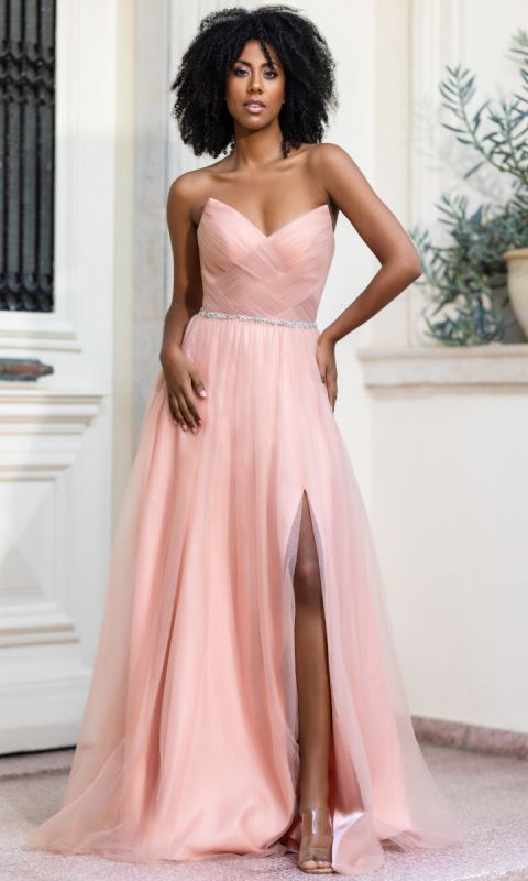 Tiulowa suknia wieczorowa w kolorze perłowego różu _34