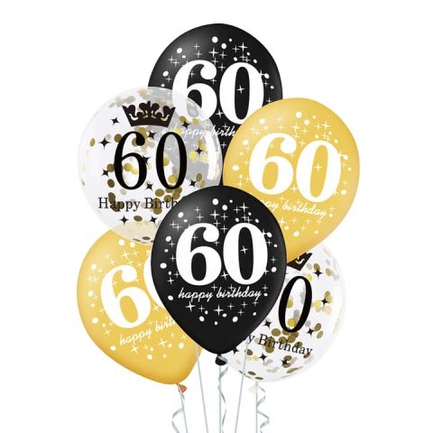 Zestaw balonów na 60 urodziny czarno złote, 6 szt.