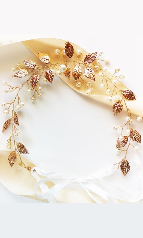 złoty WIANEK na ślub listki POZŁACANY perły