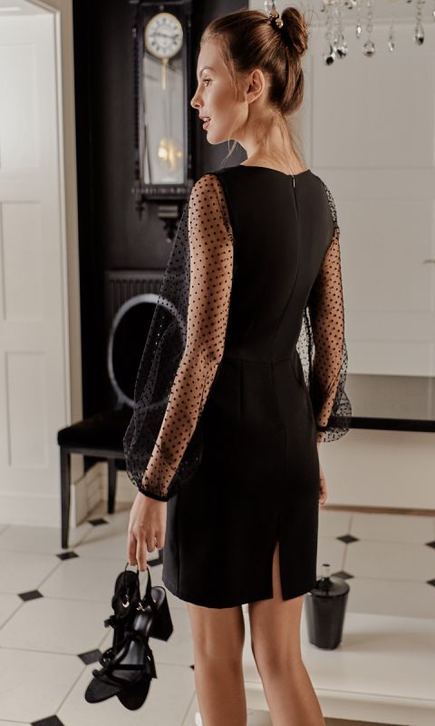 Sukienka z rękawami w groszki-czarna