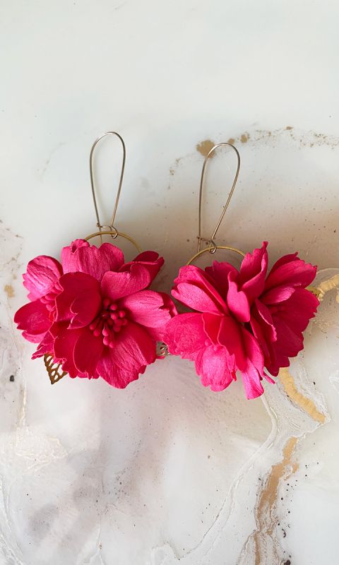 Kolczyki handmade czerwone kwiaty Dalia