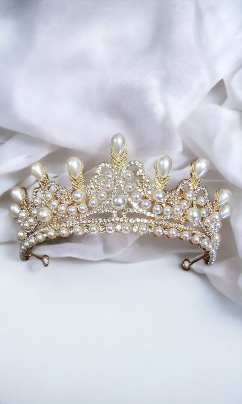 Tiara, diadem, korona złota z cyrkoniami i perłami