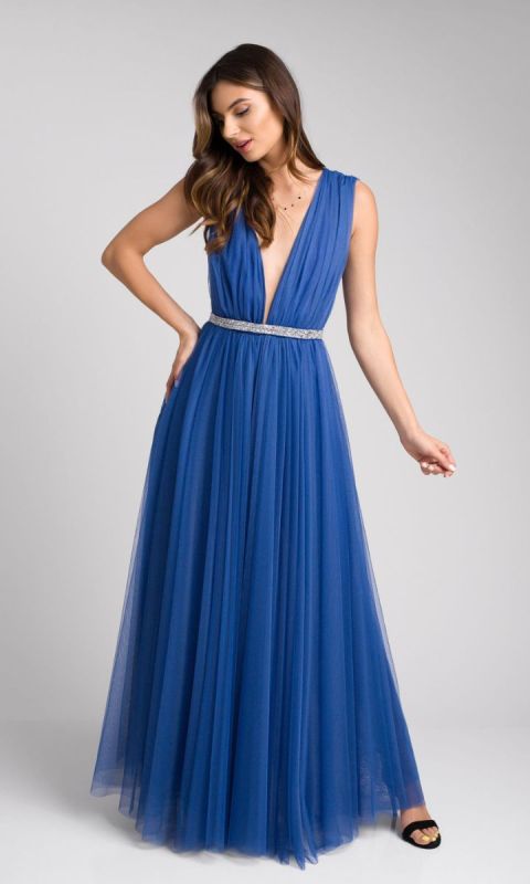 Długa tiulowa niebieska sukienka maxi Flora