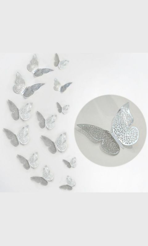 Motylki dekoracyjne 3D, 12 szt., kolor srebrny