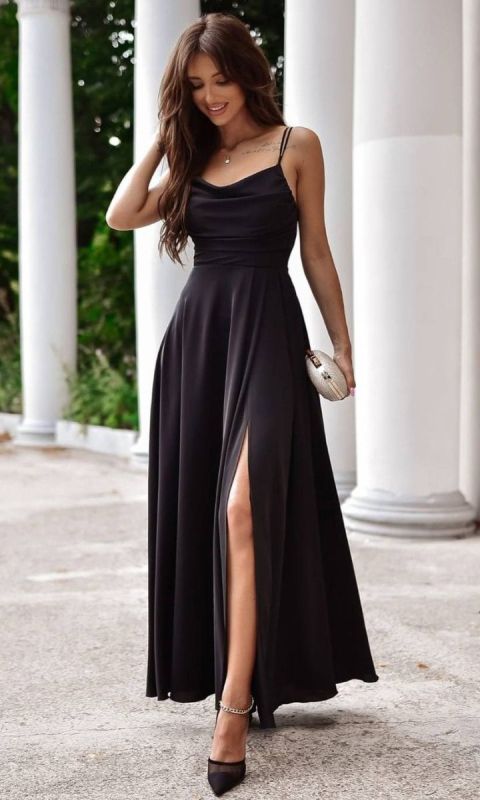 Gładka sukienka z wiązaniem czarny