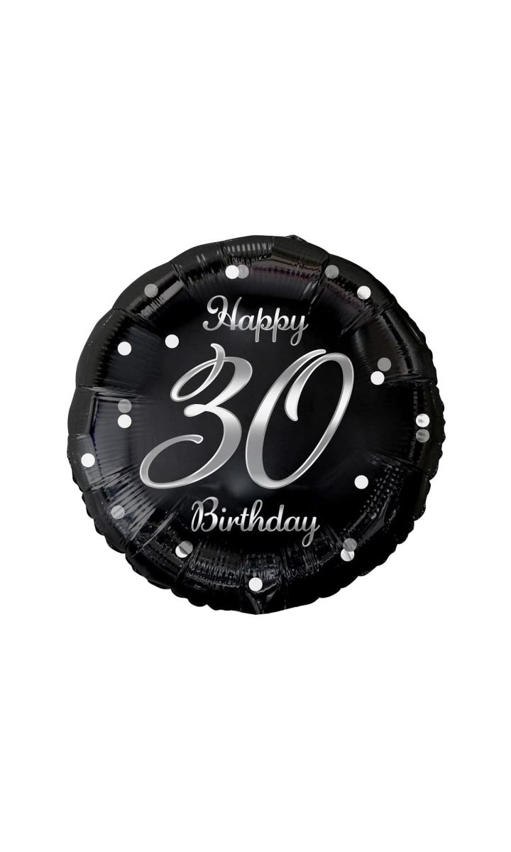 Balon foliowy 30 urodziny Happy Birthday czarny srebrny napis, 45 cm