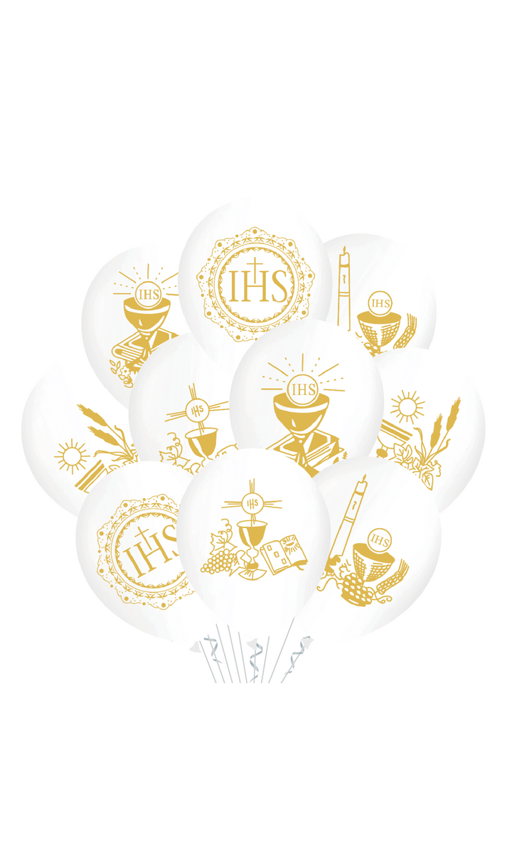 Balony lateksowe Komunia Święta IHS białe kielich 30 cm 10 szt.