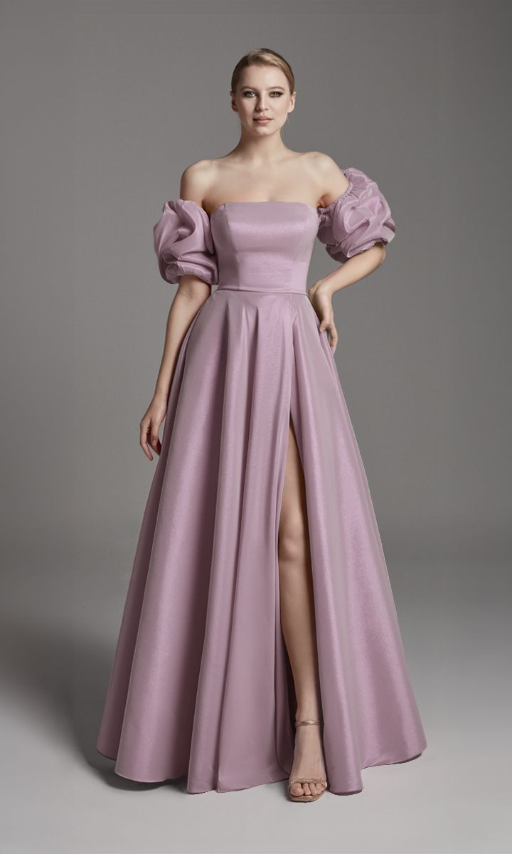 Fioletowa suknia wieczorowa z doczepianymi rękawkami _34