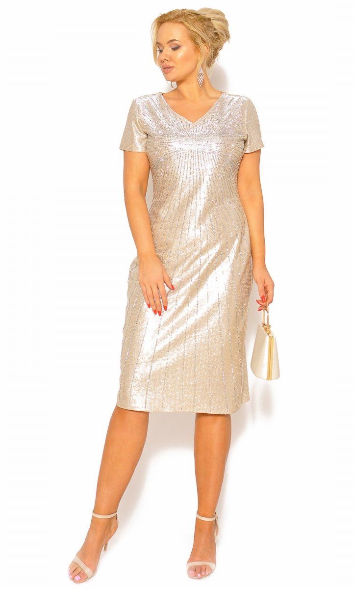 M&M - Efektowna mieniąca sukienka z krótkim rękawem zdobiona cekinami w kolorze złotym .Model:CU-4543 - Rozmiar: 40(L)