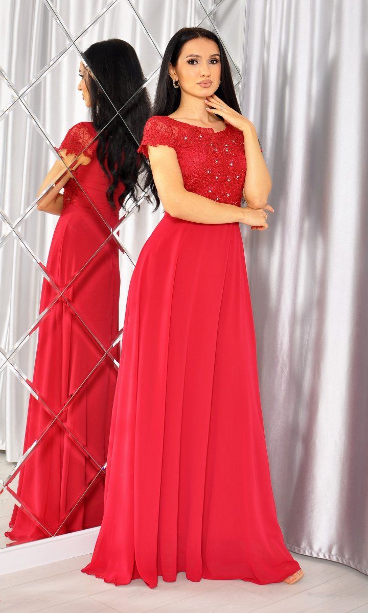 M&M - Efektowna sukienka maxi z krótkim rękawkiem w kolorze czerwonym. Model: IP-4244 - Rozmiar: 36(S)
