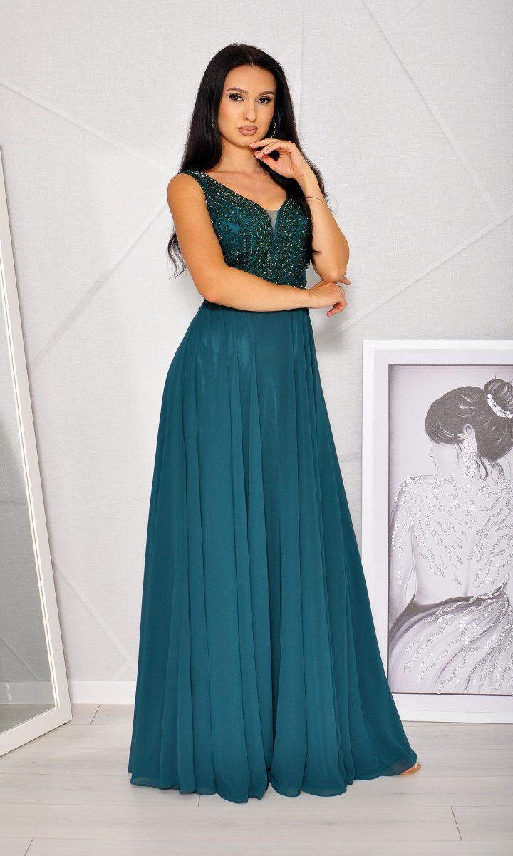 M&M - Sukienka maxi tiulowa z bogato zdobioną diamentową górą w kolorze  ciemnej zieleni. MODEL:PW-8092 - Rozmiar: 34(XS)
