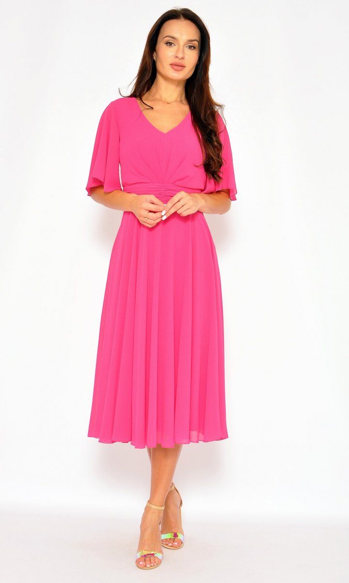 M&M - Szyfonowa sukienka midi ze zwiewnym rękawkiem w kolorze CUKIERKOWEGO RÓŻU. Model: DN-7580 - Rozmiar: 38(M)