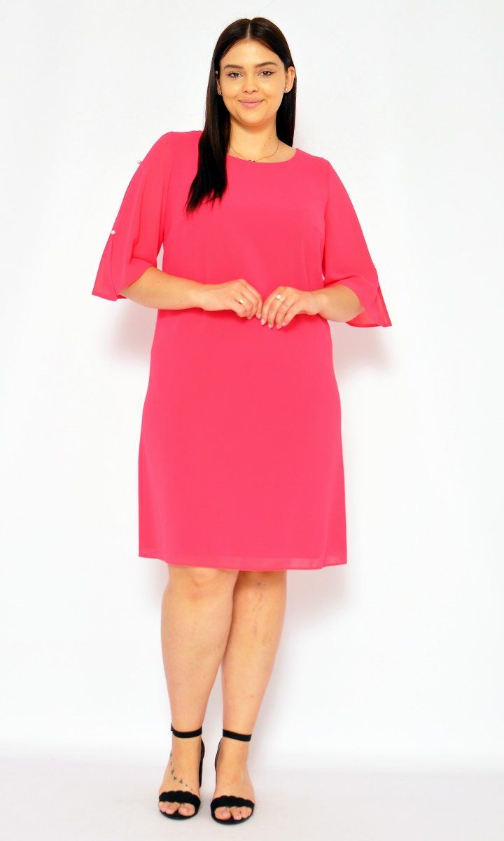 M&M - Zwiewna prosta sukienka midi z perełkami na rękawkach w kolorze malinowym. MODEL:GV-7437 - Rozmiar: 44(XXL)