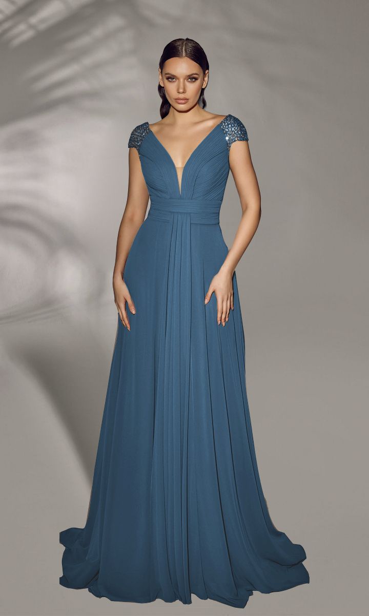 Sukienka wieczorowa z ozdobnymi rękawami - niebieska _34