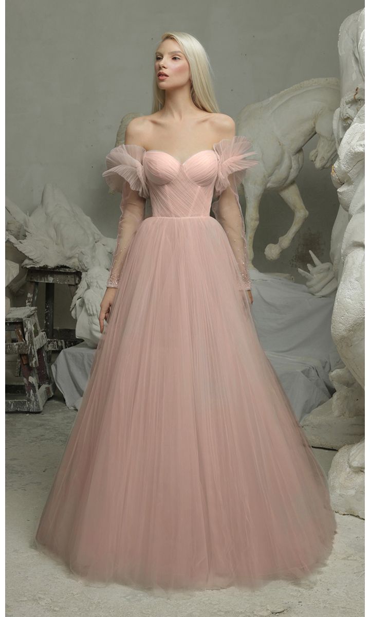 Tiulowa suknia z rękawem w kolorze pudrowego różu _XS