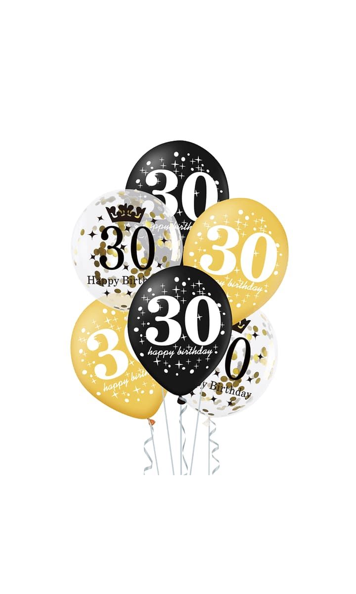 Zestaw balonów na 30 urodziny czarno złote, 6 szt.