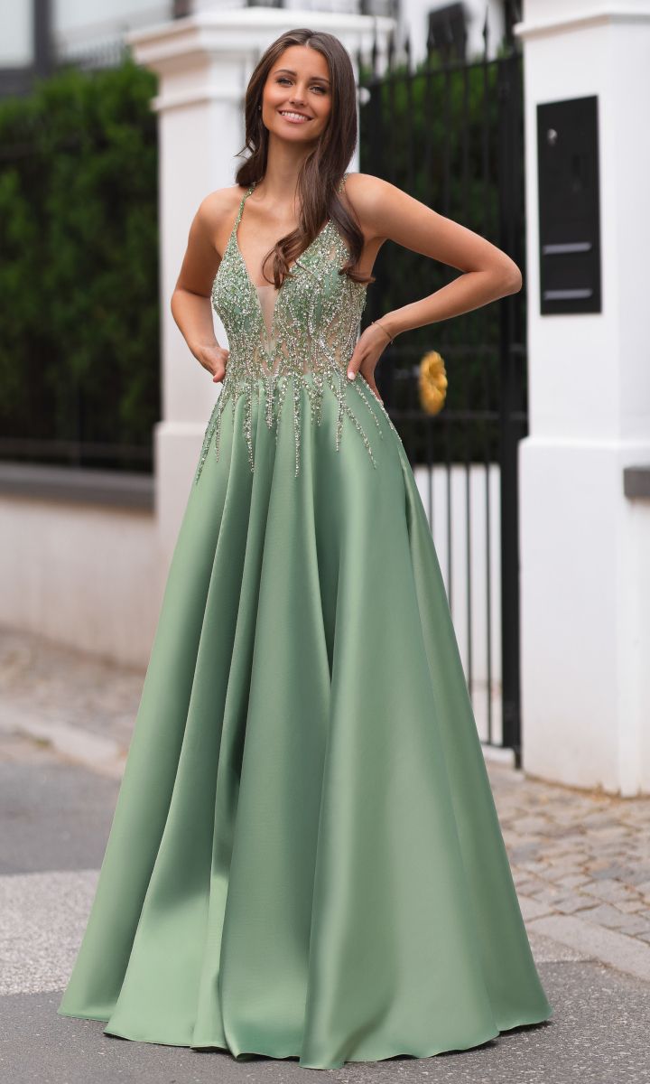 Zielona suknia wieczorowa z ozdobnymi kryształami _XS
