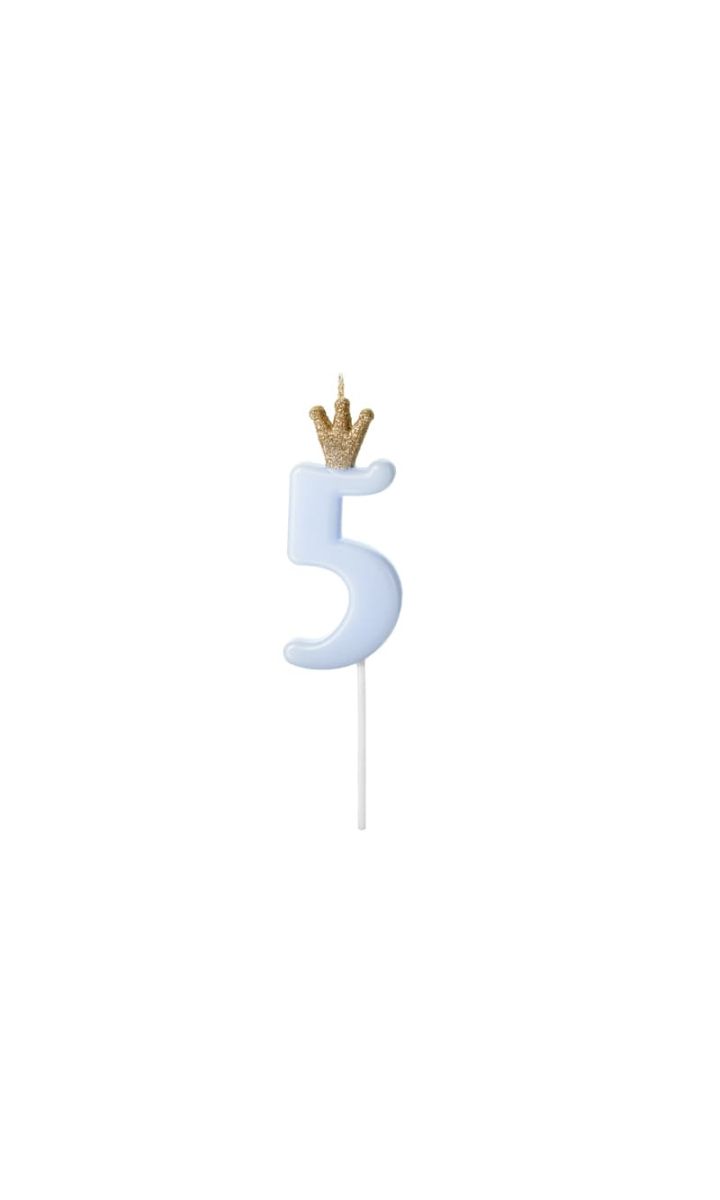 Świeczka urodzinowa cyfra 5 z koroną niebieska, 9,5 cm