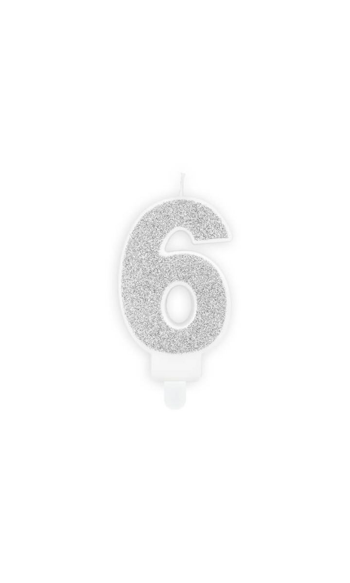 Świeczka urodzinowa cyfra 6 srebrna, 7 cm