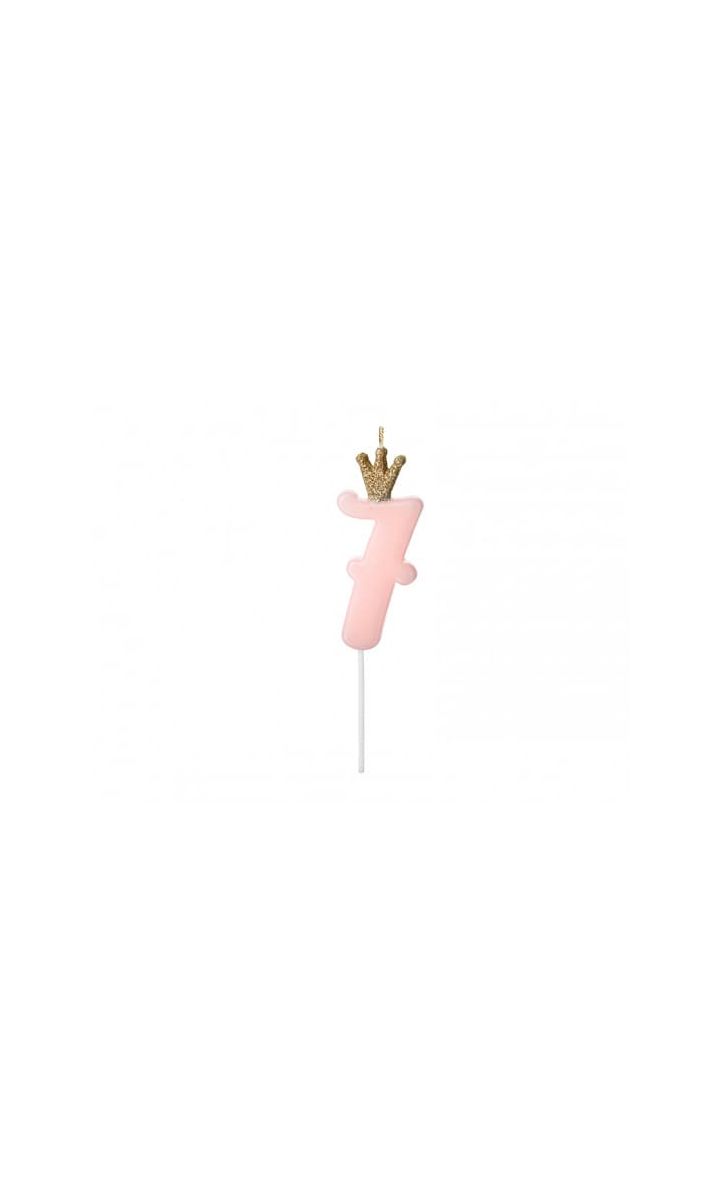 Świeczka urodzinowa cyfra 7 z koroną różowa, 9,5 cm
