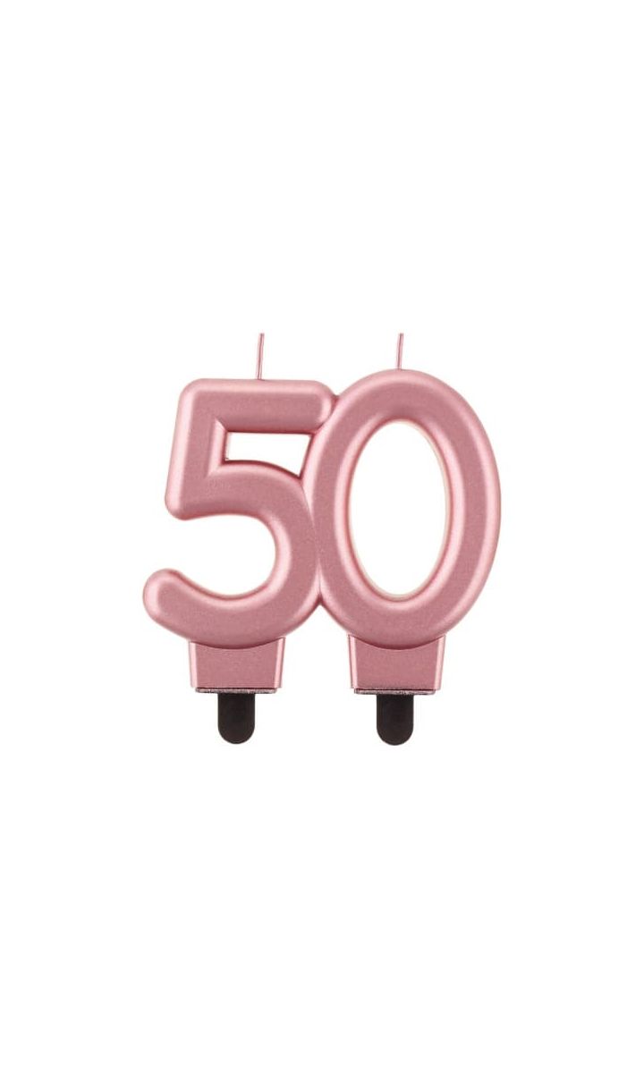 Świeczka urodzinowa metaliczna liczba 50 różowe złoto, 8 cm